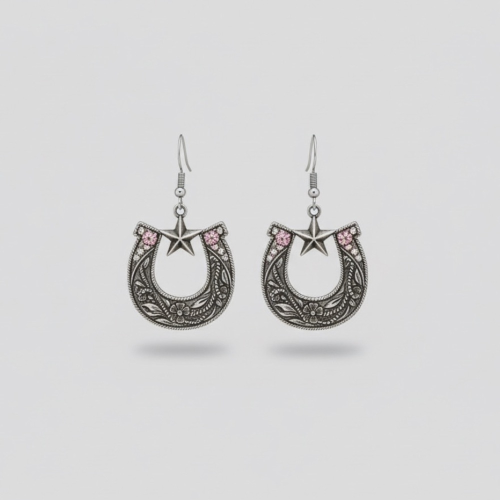 Silver Antique Brushed Metal Horseshoe Sparkling Iridescent Rhinestone Earrings